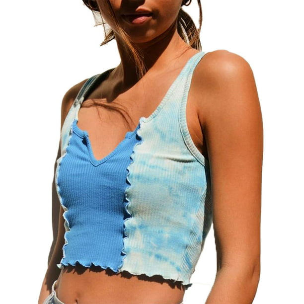 Women Crop T-Shirt Patchwork Tank Tops Yoga Workout Sport Vest Sleeveless Blouse